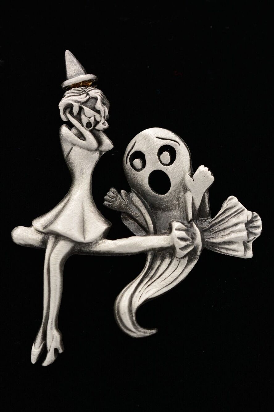 AJC Vintage Halloween Witch Ghost Broom Pin Brooch Whimsical Signed 80s BinA7